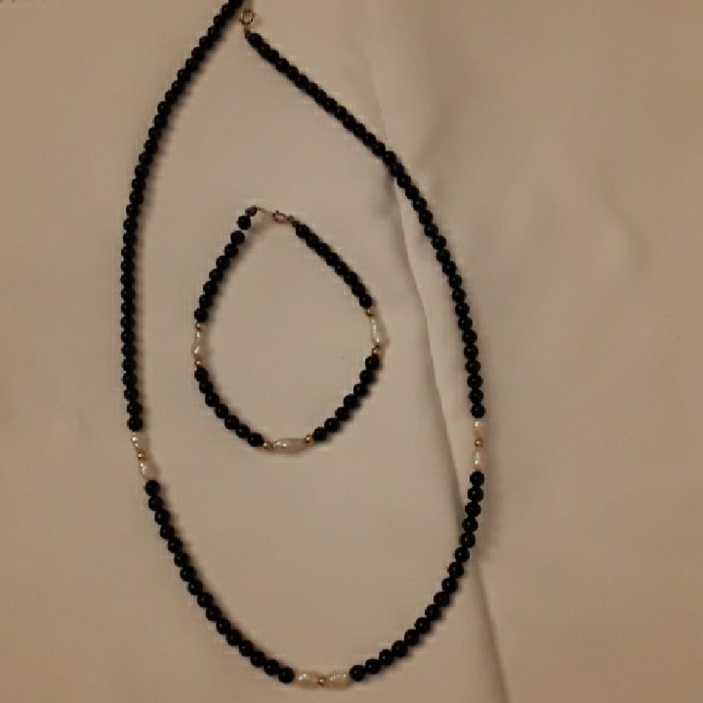 Small Onyx, rice pearl and 14k beads and clasp necklace and bracelet set